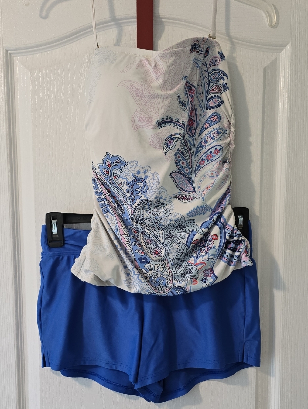 White Paisley Tankini Top with Royal Blue Swim Shorts